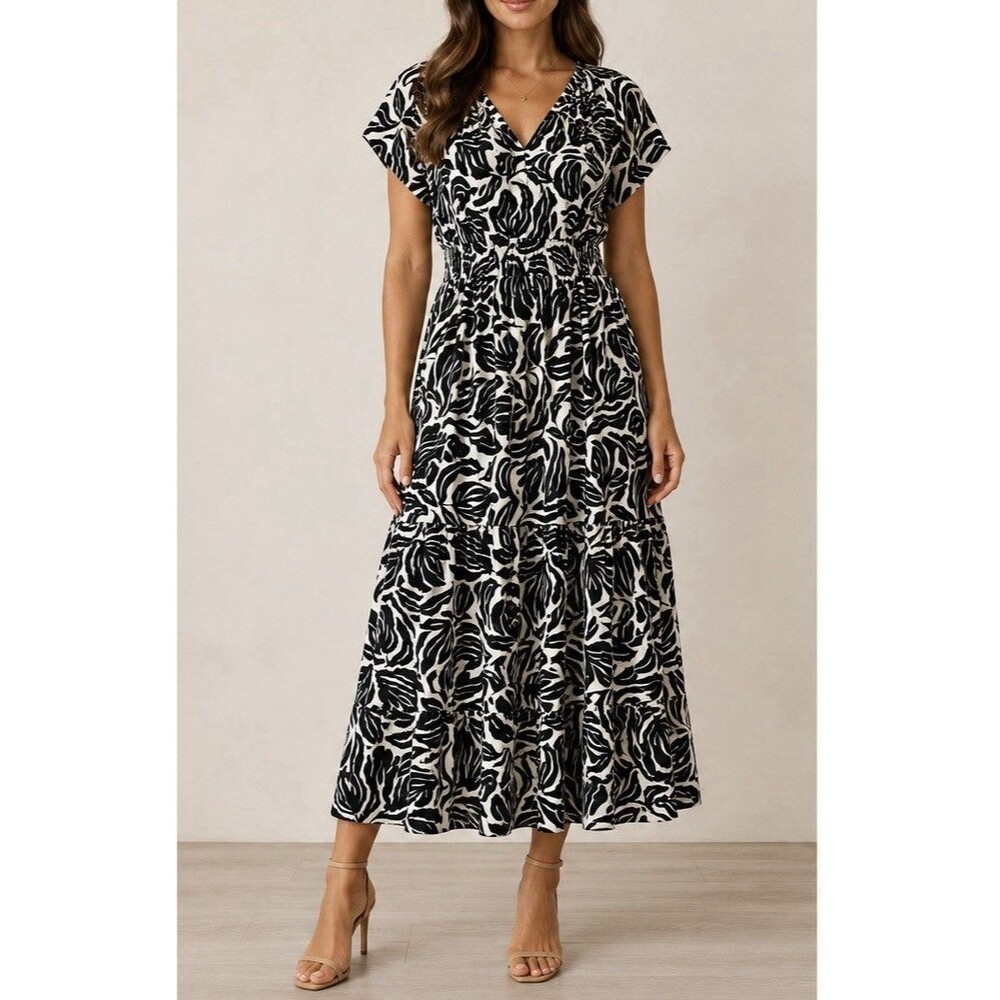 Nicole Miller Black Floral Sleeveless Scoop Neck A-Line Midi Dress XL Pockets